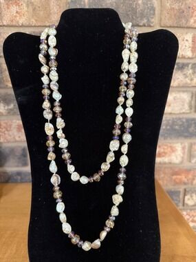 Vintage stone and Aurora Borealis Glass Beaded Necklace 47”
